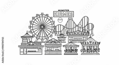A lively amusement park scene unfolds with a towering Ferris wheel and a thrilling rollercoaster