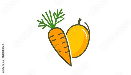 A stylized illustration features a vibrant carrot and a mango, their shapes cleverly arranged to form a heart symbol on a clean white background