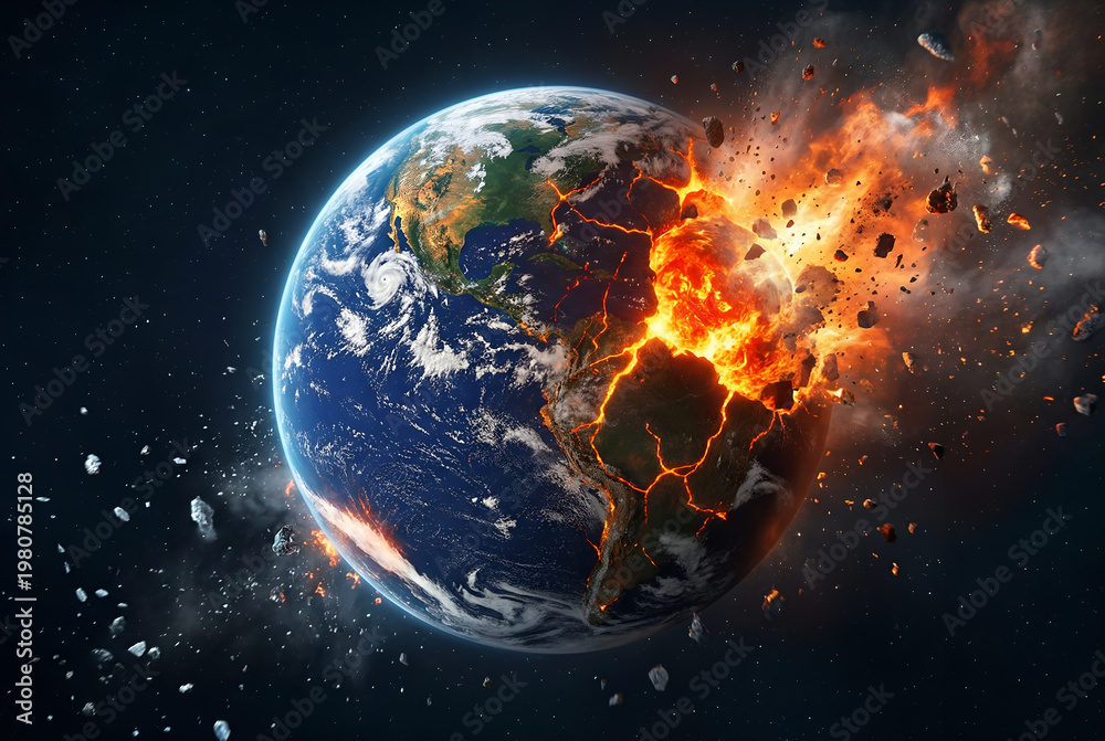 Obraz premium Exploding earth globe in space depicting environmental destruction catastrophic global warming concept