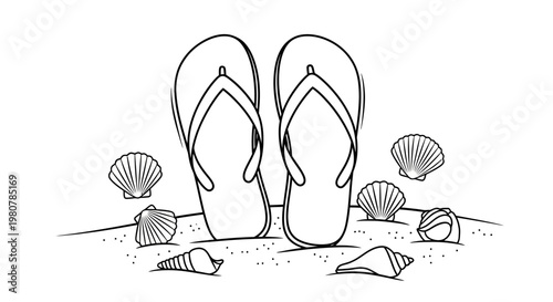 A pair of flip flops on beach.