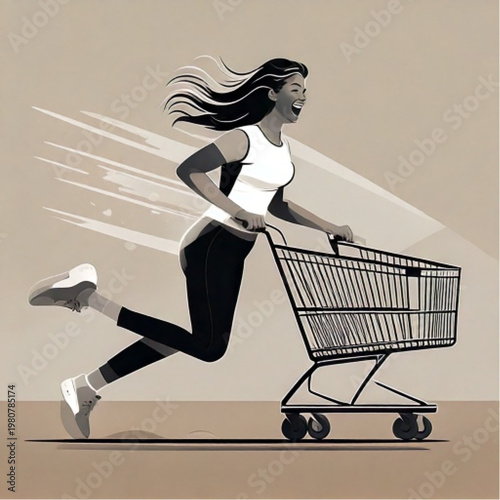 Woman running with shopping cart fast motion blur.