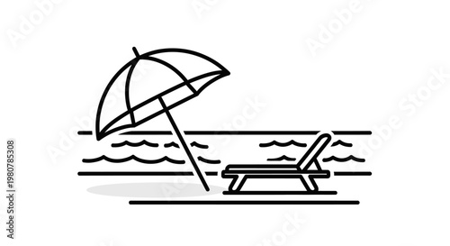 Beach chair with umbrella on sand.