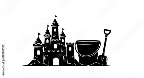 Black and white sand castle illustration.