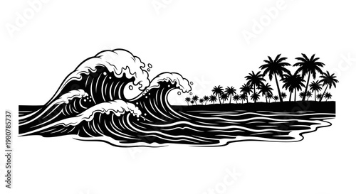 Black and white wave crashing ocean.