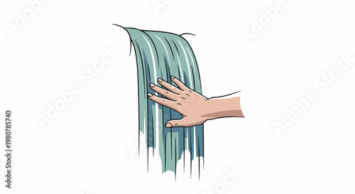 A hand touches cascading water from a waterfall