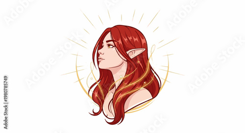 A digital illustration of an elven woman with long, fiery red hair and pointed ears, glowing