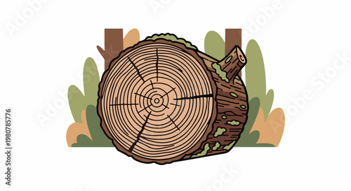 A large log with visible rings sits among stylized trees and plants