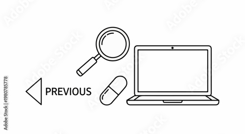 A digital graphic of a laptop, magnifying glass, and capsule