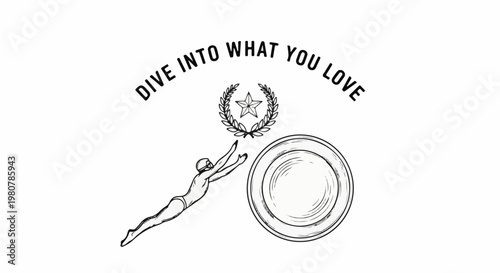 A diver leaps towards a circular object with a star emblem above