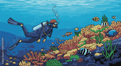 A diver explores a vibrant coral reef teeming with diverse fish and marine life