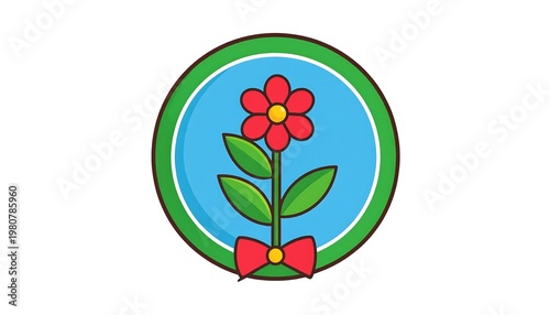 A stylized illustration features a vibrant red flower with green leaves and stem, adorned with a red bow, set against a blue circle