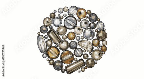 A diverse collection of metallic beads, spherical, cylindrical, and ovate, arranged in a circular pattern