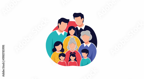 A diverse family unit depicted in a graphic circular format