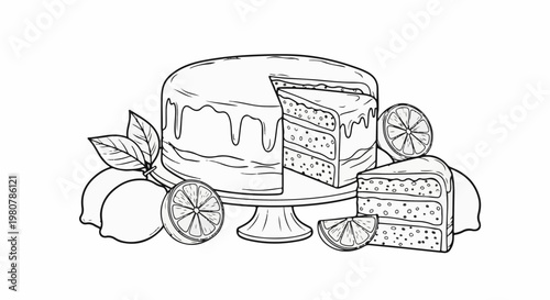 A layered cake with a slice cut out, surrounded by lemons and citrus slices