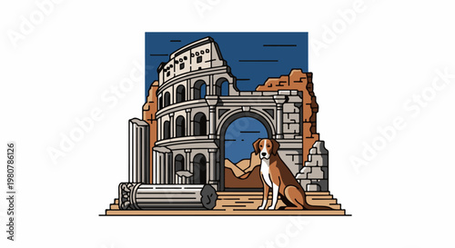 A dog sits near ancient ruins, showcasing historical architecture