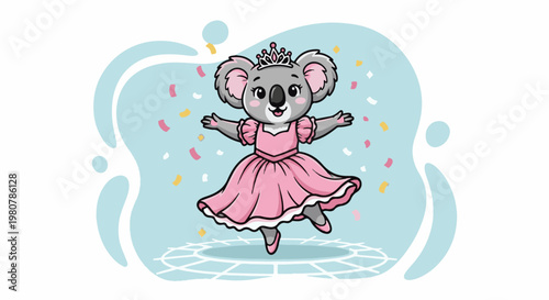 A cute cartoon koala in a pink tutu and crown dances joyfully