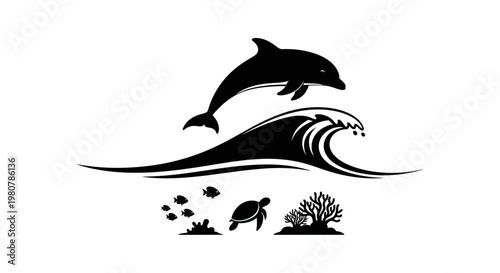 Black silhouette of a dolphin jumping.