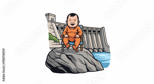 A laughing baby sits on a rock by a large dam and water