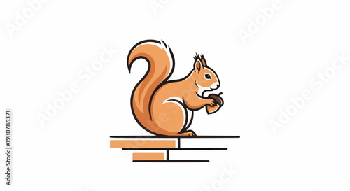 A cute cartoon squirrel with fluffy tail holds an acorn on a brick ledge