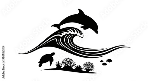 Black silhouette of dolphin jumping sea.