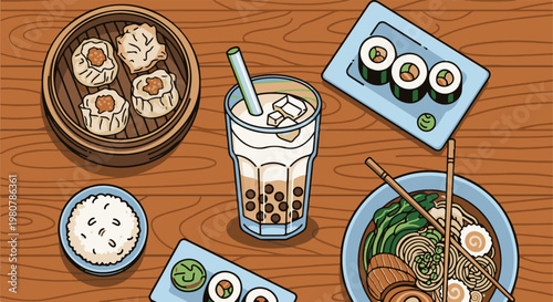 A delicious Asian feast with dim sum, sushi, ramen, and bubble tea