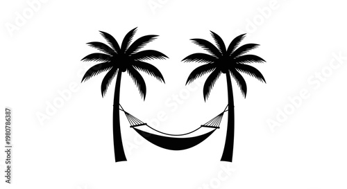 Black silhouette of hammock between palm trees.