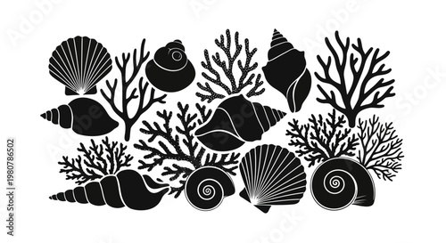 Black Silhouette Seashells and Coral Reef.
