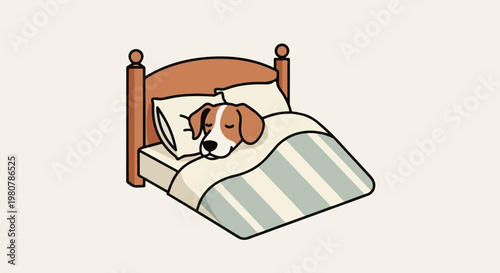 A cute dog peacefully sleeping in a cozy bed under a striped blanket