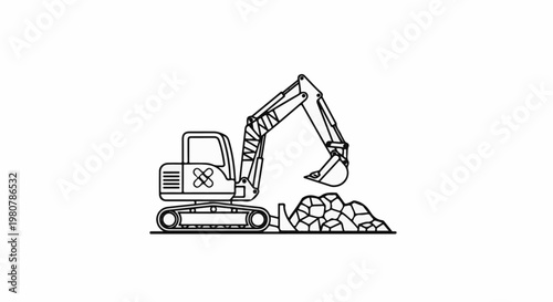 A line art illustration of a compact excavator digging up a pile of rocks