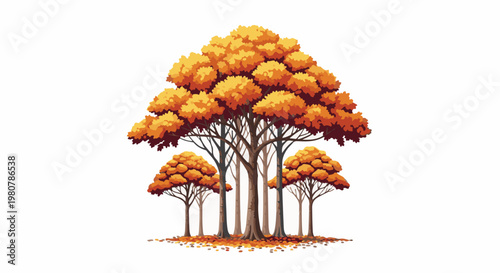 A cluster of trees with vibrant orange and yellow foliage rests on a bed of fallen leaves