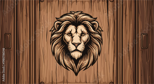 A fierce lion's head dominates a rustic wooden background