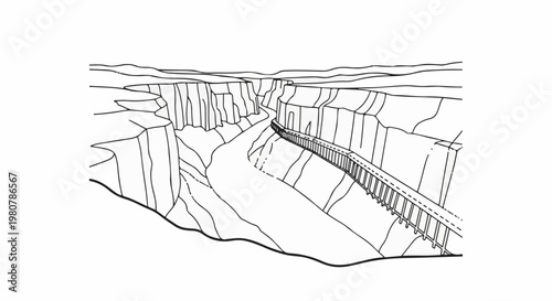 A dramatic perspective of a deep canyon with a river flowing through it