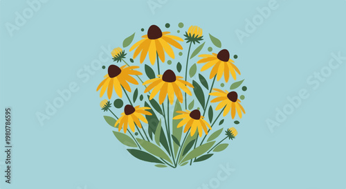 A cluster of yellow daisies with dark centers is arranged in a semi-circle on a pale blue background