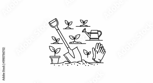 A line art illustration of gardening tools, sprouting plants, and gloves