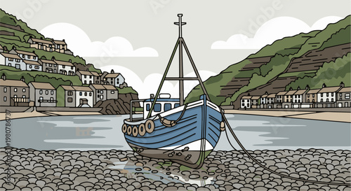 A coastal village scene with a beached boat and houses on a hillside