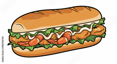 A delicious looking shrimp po'boy sandwich with lettuce and sauce