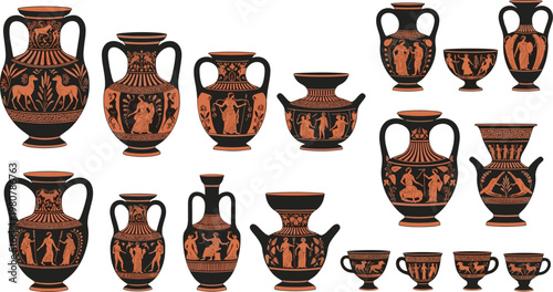 Ancient Greek pottery collection featuring amphorae kraters kylixes and vessels decorated with mythological scenes geometric borders floral motifs and classical art designs