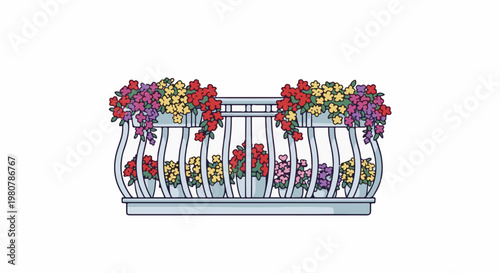 A colorful balcony overflowing with blooming flowers in various hues