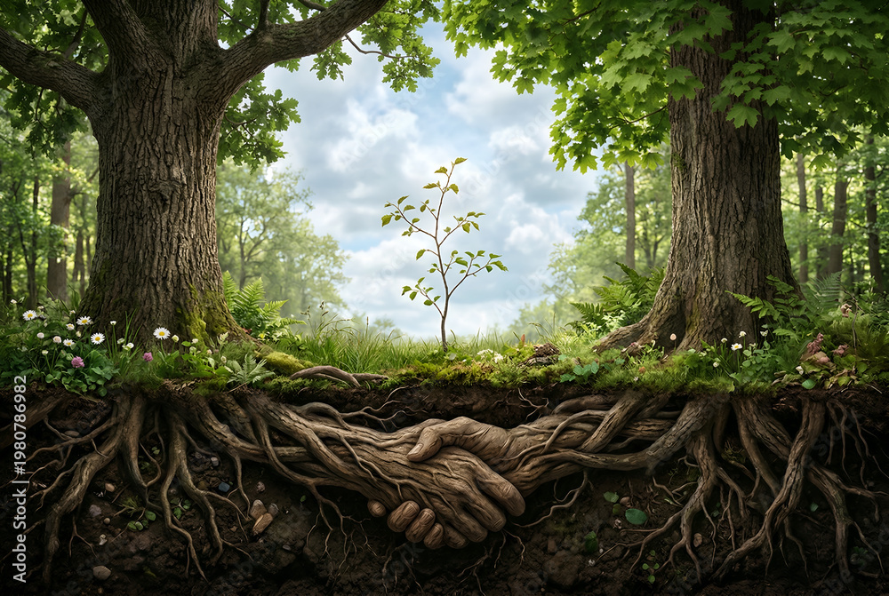 Obraz premium Two ancient trees roots form handshake supporting new green plant symbolizing environmental concept earth day growing