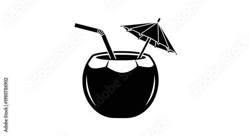 Cocktail with umbrella and straw.