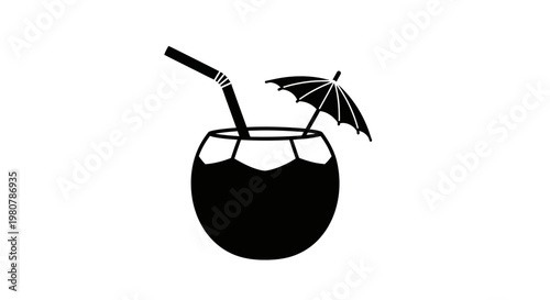 Cocktail with umbrella and straw inside.