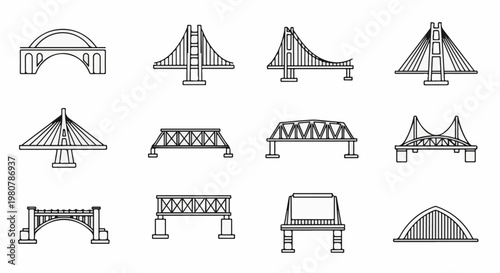 A collection of 12 distinct architectural bridge designs, rendered as line drawings