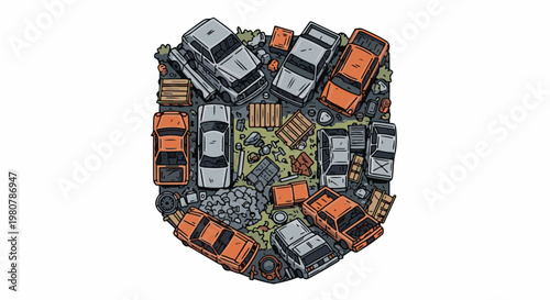 A collection of abandoned, damaged, and orange cars scattered across a textured lot