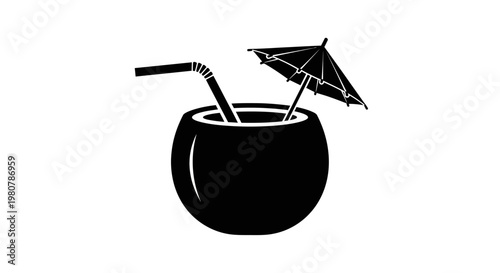 Cocktail with umbrella and straw.
