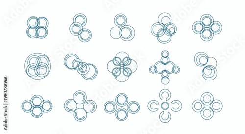 A collection of abstract circular graphic designs in a light blue hue