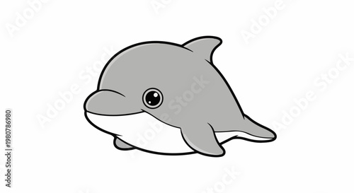 A cute, gray cartoon dolphin with big, round eyes, and a smiling mouth