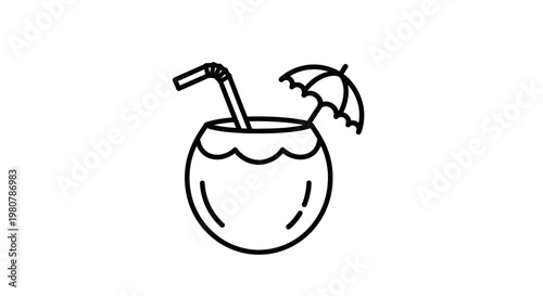 Coconut drink with umbrella straw.
