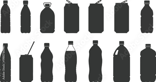 Drink container assortments with opened soda tins and jugs