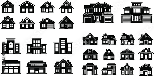 Black Real Estate House Icons and Building Silhouettes Vector Illustration for Web Design Architecture Concept and Property Symbol Elements Isolated on White Background