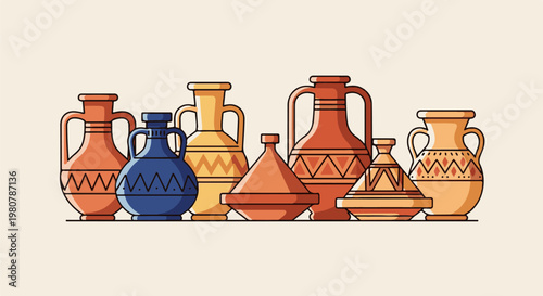 A collection of ceramic pottery in various shapes and warm colors